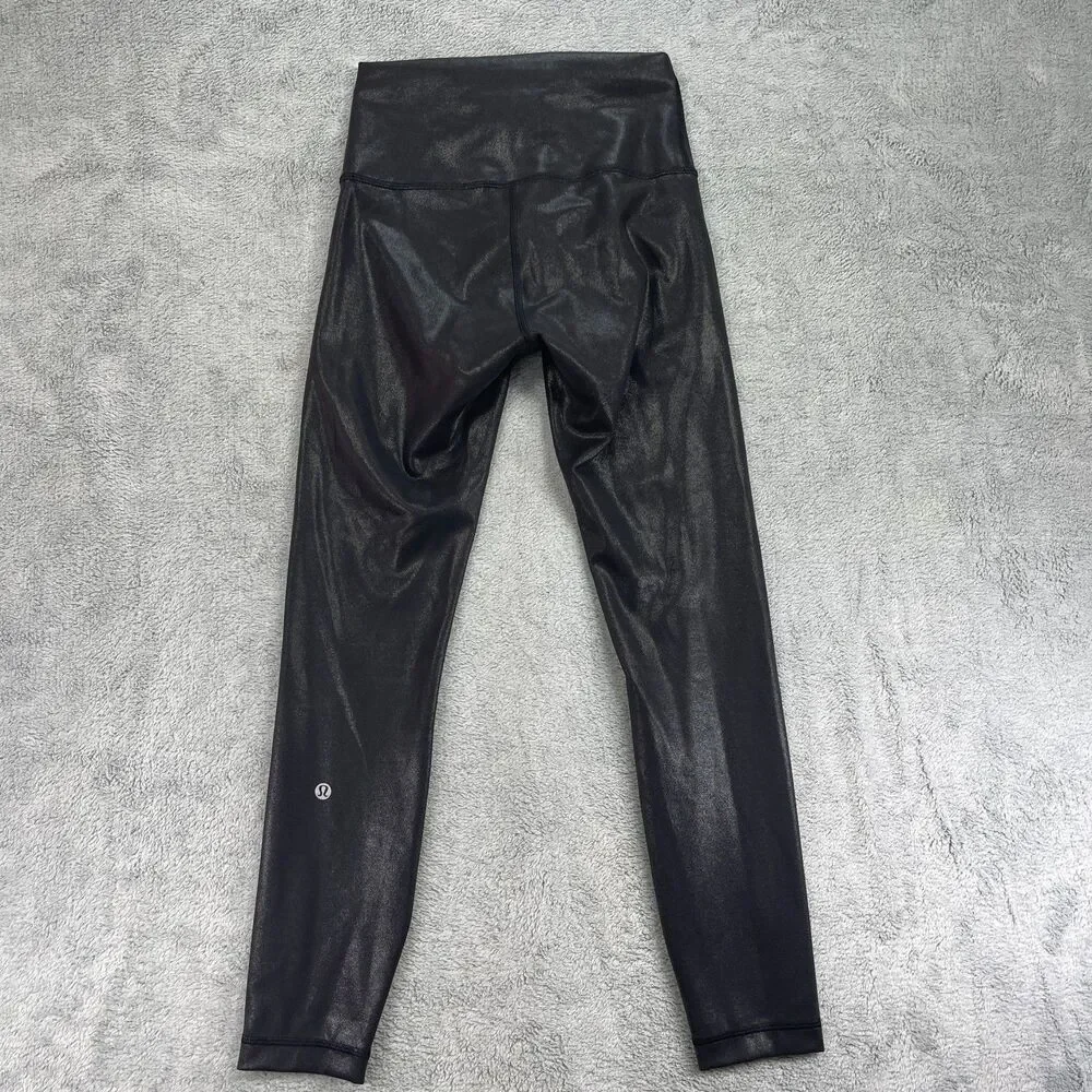 Lululemon Wunder Train 25 In Foil Leggings Womens 4 Black Stretch Yoga Running - Picture 2 of 9